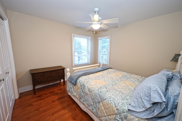 bedroom with ceiling fan, dark hardwood / wood-style floors, and a closet