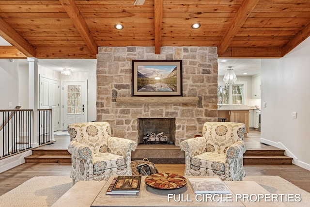 living room featuring beam ceiling, wood-type flooring, and wooden ceiling