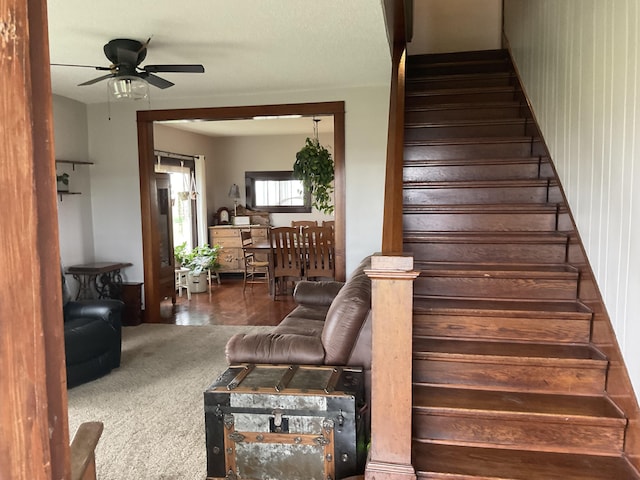 stairs featuring carpet and ceiling fan