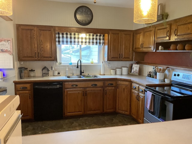 kitchen featuring sink, backsplash, electric stove, range, and black dishwasher