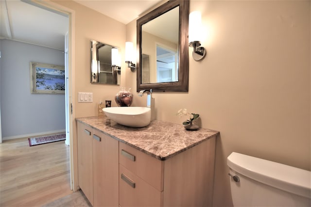 bathroom with vanity, wood-type flooring, and toilet