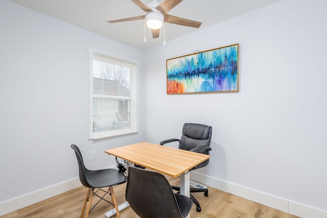 home office featuring ceiling fan and light wood-type flooring