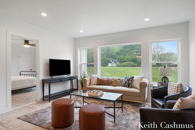 17513 M 140th Hwy, South Haven, MI 49090 - living room featuring wood finished floors, recessed lighting, and a ceiling fan