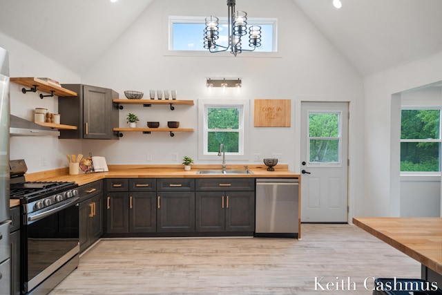17513 M 140th Hwy, South Haven, MI 49090 - kitchen featuring stainless steel appliances, a sink, butcher block counters, high vaulted ceiling, and open shelves