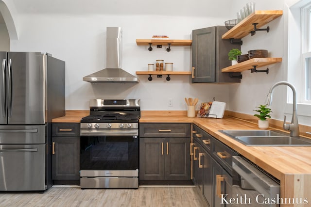 17513 M 140th Hwy, South Haven, MI 49090 - kitchen with stainless steel appliances, wooden counters, wall chimney range hood, and a sink