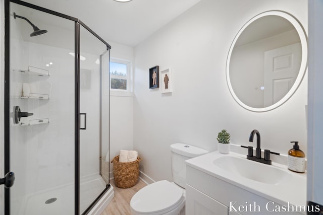 17513 M 140th Hwy, South Haven, MI 49090 - bathroom with a shower stall, wood finished floors, toilet, and vanity