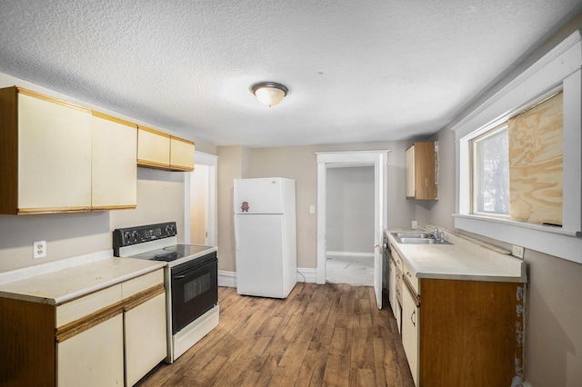 kitchen with a textured ceiling, light hardwood / wood-style floors, white appliances, and sink