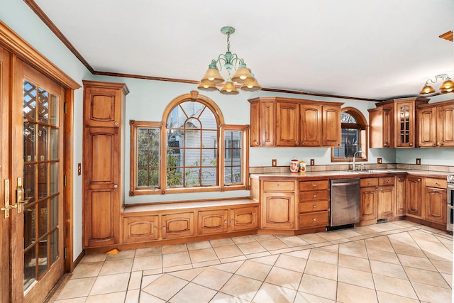 kitchen with sink, stainless steel dishwasher, a notable chandelier, decorative light fixtures, and ornamental molding