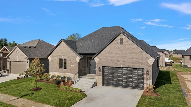 french country style house with a garage and a front lawn