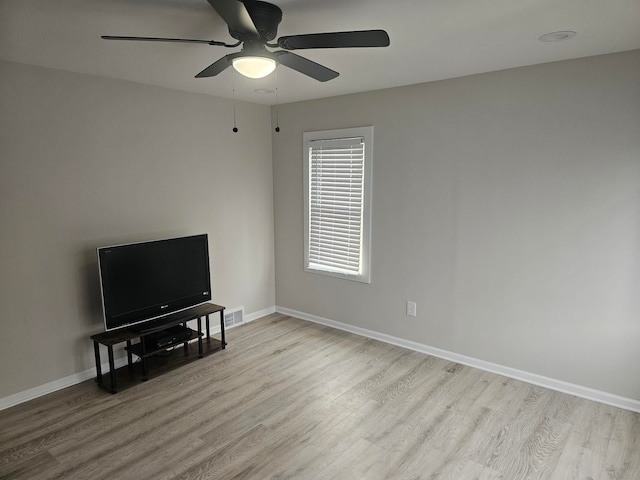 unfurnished living room with ceiling fan and light wood-type flooring