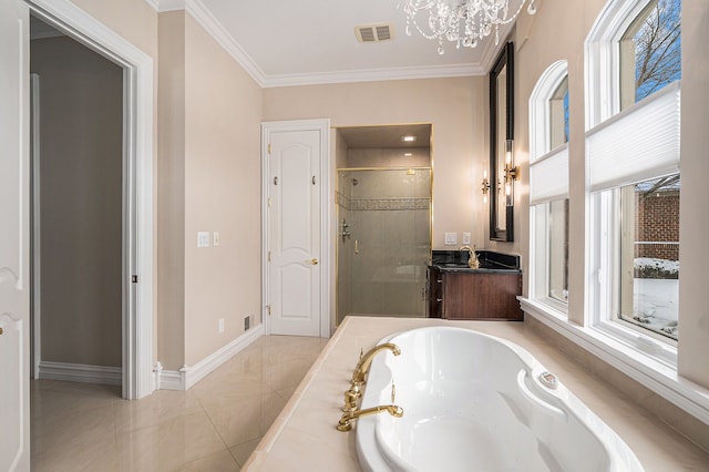 bathroom featuring tile patterned flooring, a notable chandelier, vanity, independent shower and bath, and ornamental molding