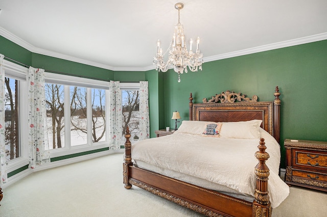 carpeted bedroom with crown molding and an inviting chandelier