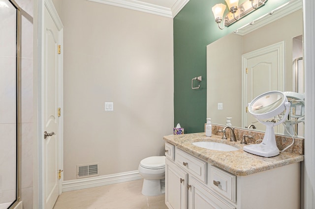 bathroom with vanity, tile patterned flooring, toilet, ornamental molding, and an enclosed shower