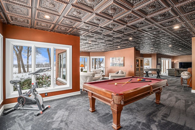 rec room featuring billiards, carpet flooring, baseboards, and an ornate ceiling