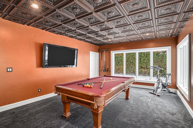 game room with carpet flooring, an ornate ceiling, pool table, and baseboards