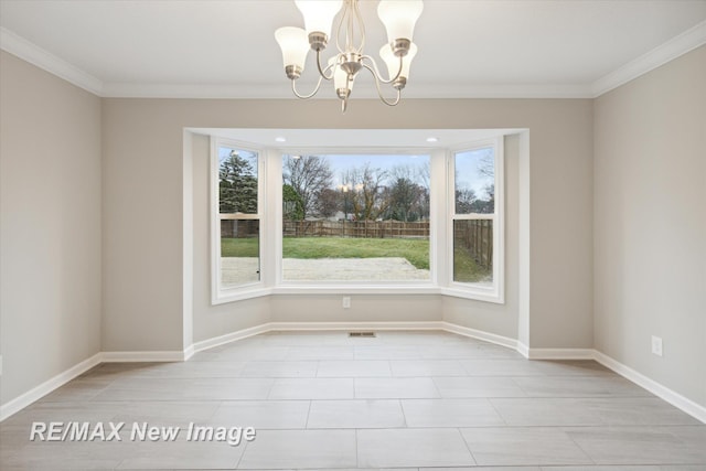 60 Golfview Dr, Saginaw, MI 48638 - unfurnished dining area featuring ornamental molding, plenty of natural light, a chandelier, baseboards, and light tile patterned flooring