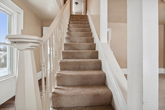 stairway with hardwood / wood-style floors