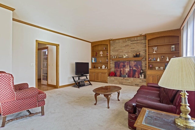 living room with built in shelves, carpet floors, and ornamental molding