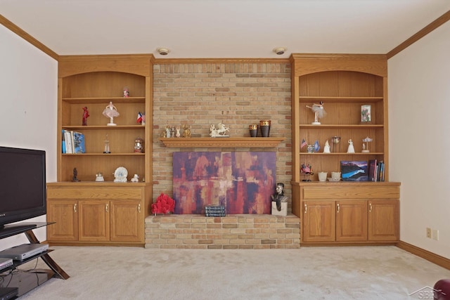 living room with built in features, ornamental molding, and light carpet