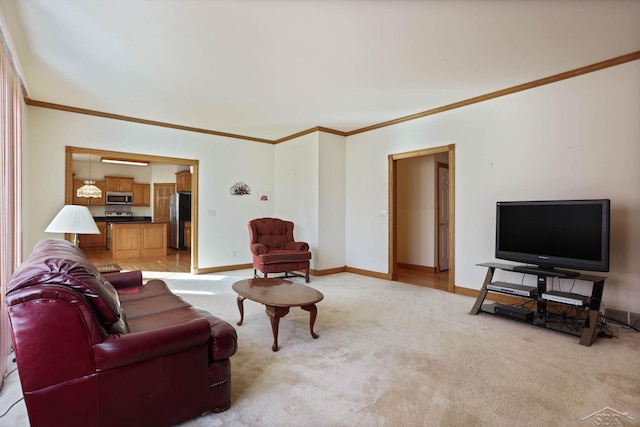 living room featuring crown molding and light carpet