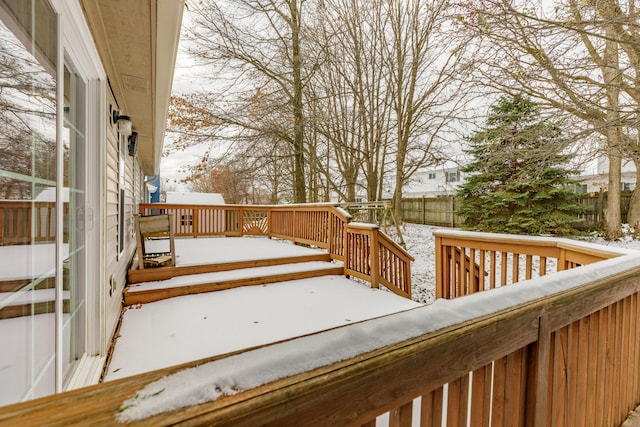 snow covered deck with fence