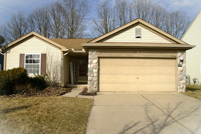 single story home featuring concrete driveway, a garage, stone siding, and a shingled roof