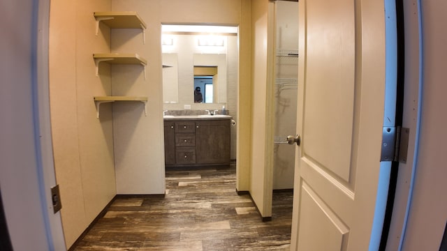 bathroom featuring vanity and hardwood / wood-style flooring