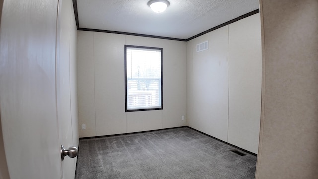 spare room with carpet, ornamental molding, and a textured ceiling