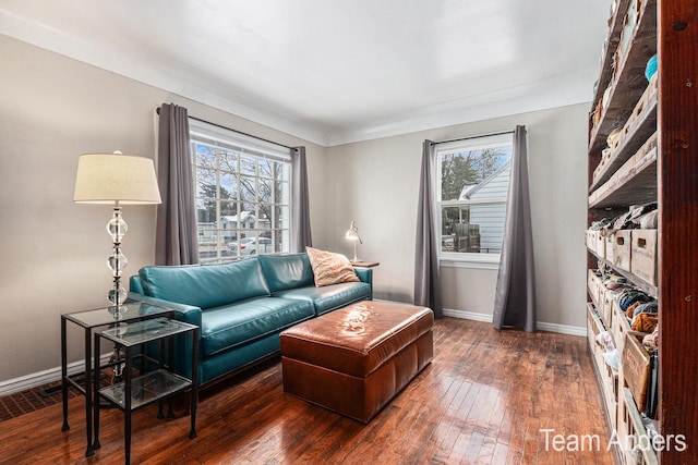 living room with dark hardwood / wood-style flooring