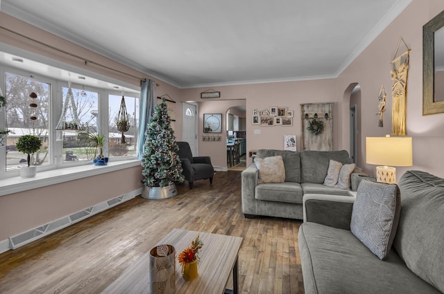 living room featuring crown molding and hardwood / wood-style flooring