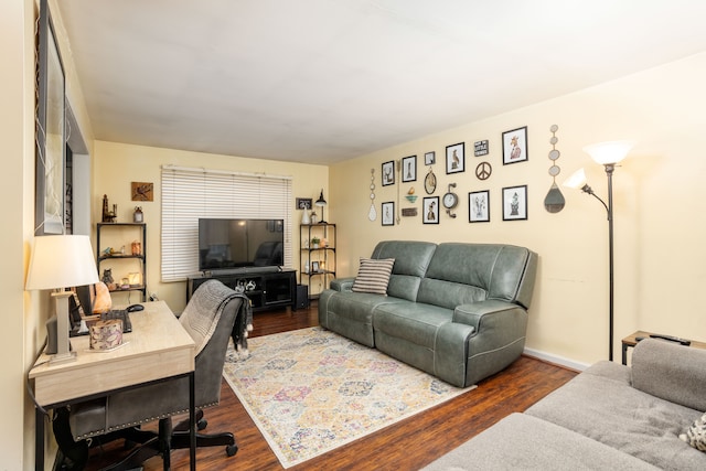 living room featuring dark wood-type flooring