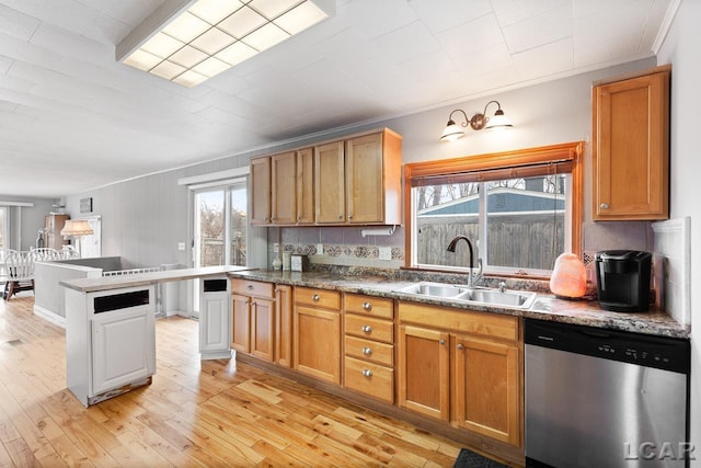 kitchen with light hardwood / wood-style floors, stainless steel dishwasher, ornamental molding, and sink