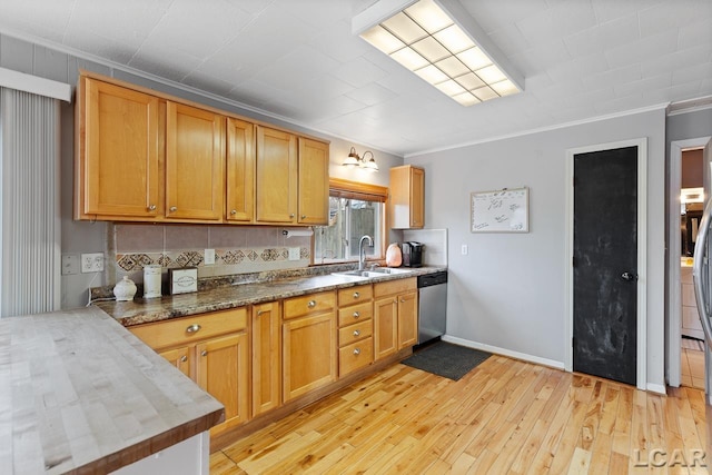 kitchen with wooden counters, stainless steel dishwasher, ornamental molding, and sink