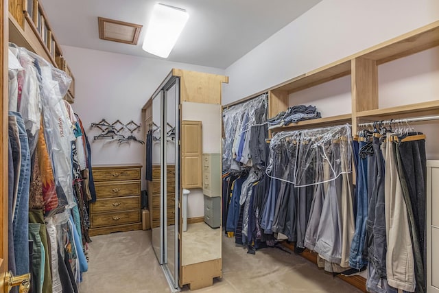 walk in closet featuring light colored carpet