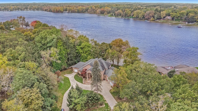 drone / aerial view with a water view
