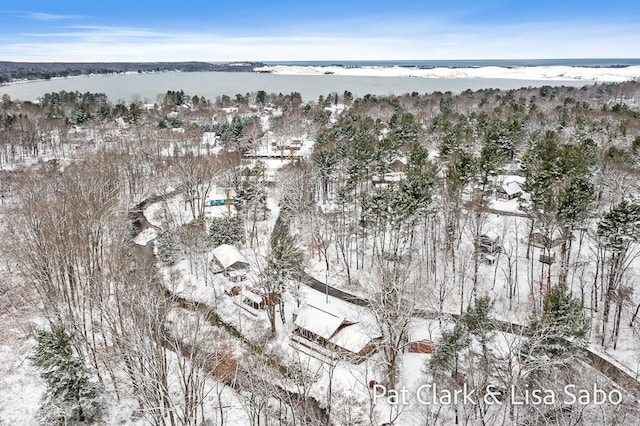 snowy aerial view with a water view