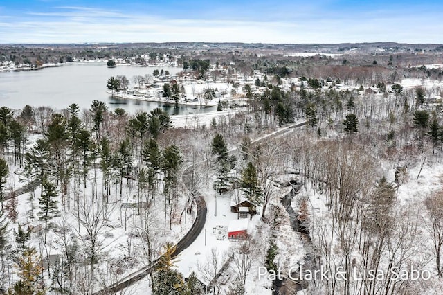 snowy aerial view with a water view