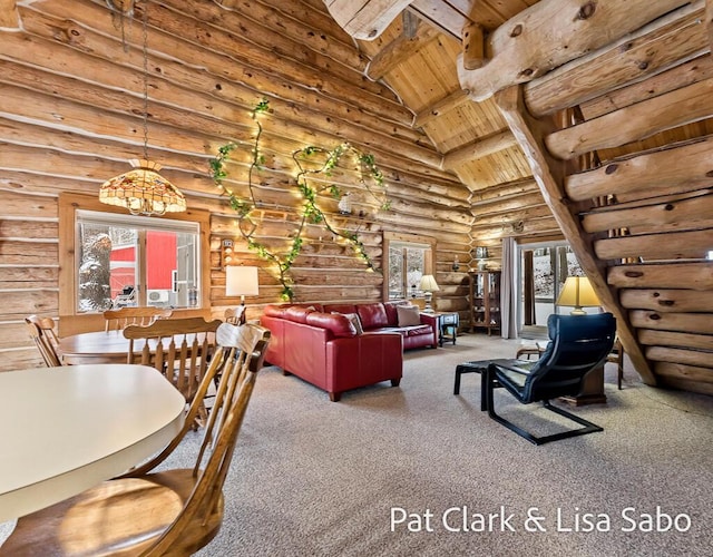 living room featuring wooden ceiling, an inviting chandelier, carpet flooring, rustic walls, and beam ceiling