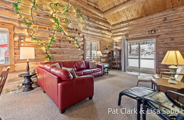 living room featuring lofted ceiling with beams, log walls, carpet, and wooden ceiling