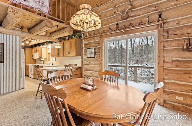 carpeted dining room featuring a notable chandelier, wood ceiling, and log walls