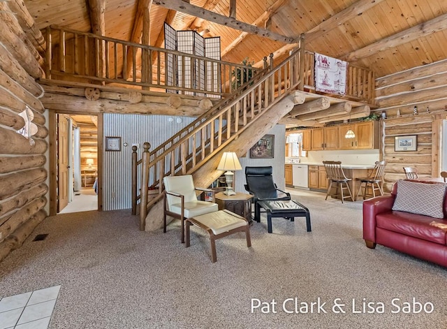 living room with rustic walls, high vaulted ceiling, and light colored carpet