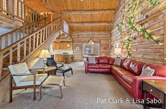 living room featuring carpet, rustic walls, and wooden ceiling