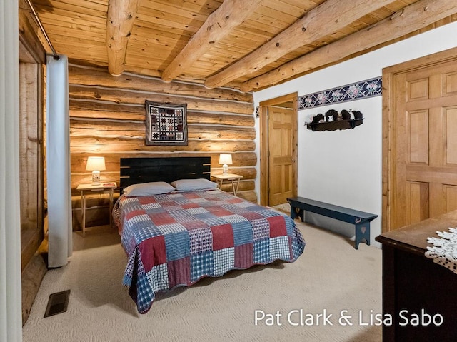 bedroom with beamed ceiling, carpet flooring, rustic walls, and wooden ceiling