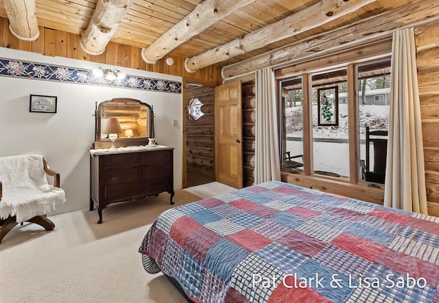 carpeted bedroom with access to exterior, wooden ceiling, and beamed ceiling