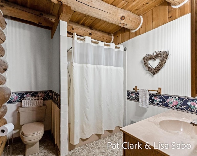 bathroom with curtained shower, toilet, wooden walls, vanity, and wood ceiling