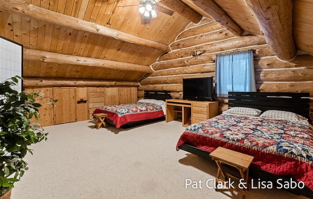 bedroom with lofted ceiling with beams, rustic walls, and wood ceiling