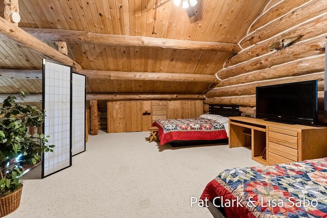 bedroom with vaulted ceiling with beams, wooden ceiling, and rustic walls