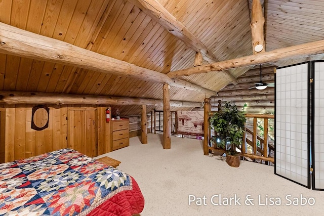 bedroom with vaulted ceiling with beams and wooden ceiling