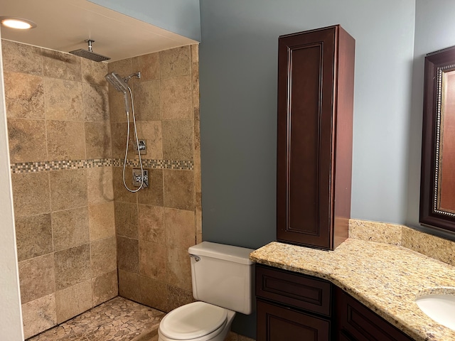 bathroom with vanity, toilet, and a tile shower