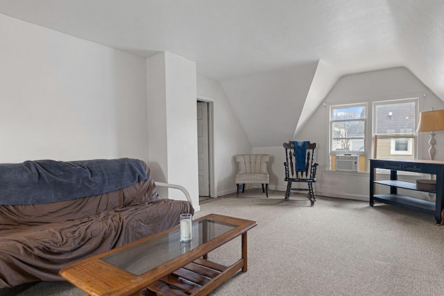 living room with carpet flooring, cooling unit, and vaulted ceiling